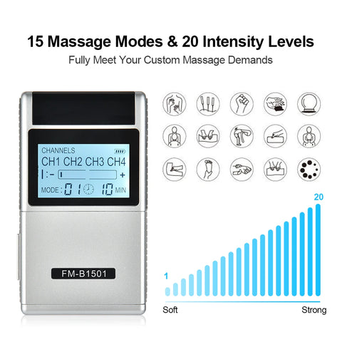 Rechargeable 15 Modes EMS TENS Muscle Nerve Electrostimulator Electrodes Patches Body Pulse Physiotherapy Massager Relieve Pain